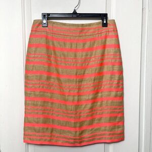 J.Crew Linen Blend Pencil Skirt Coral & Tan Stripes Size 6